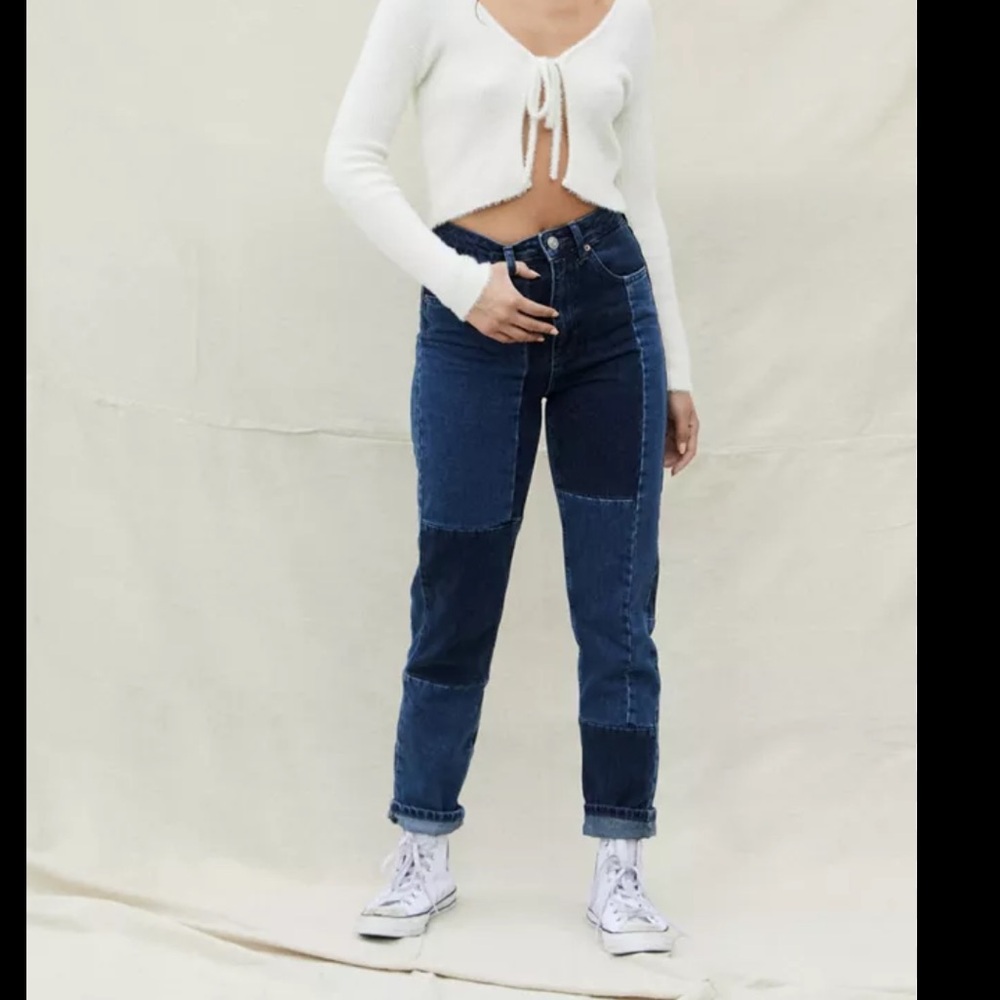 BDG Two-Tone High Rise Patchwork Jeans - Dark/Medium Blue